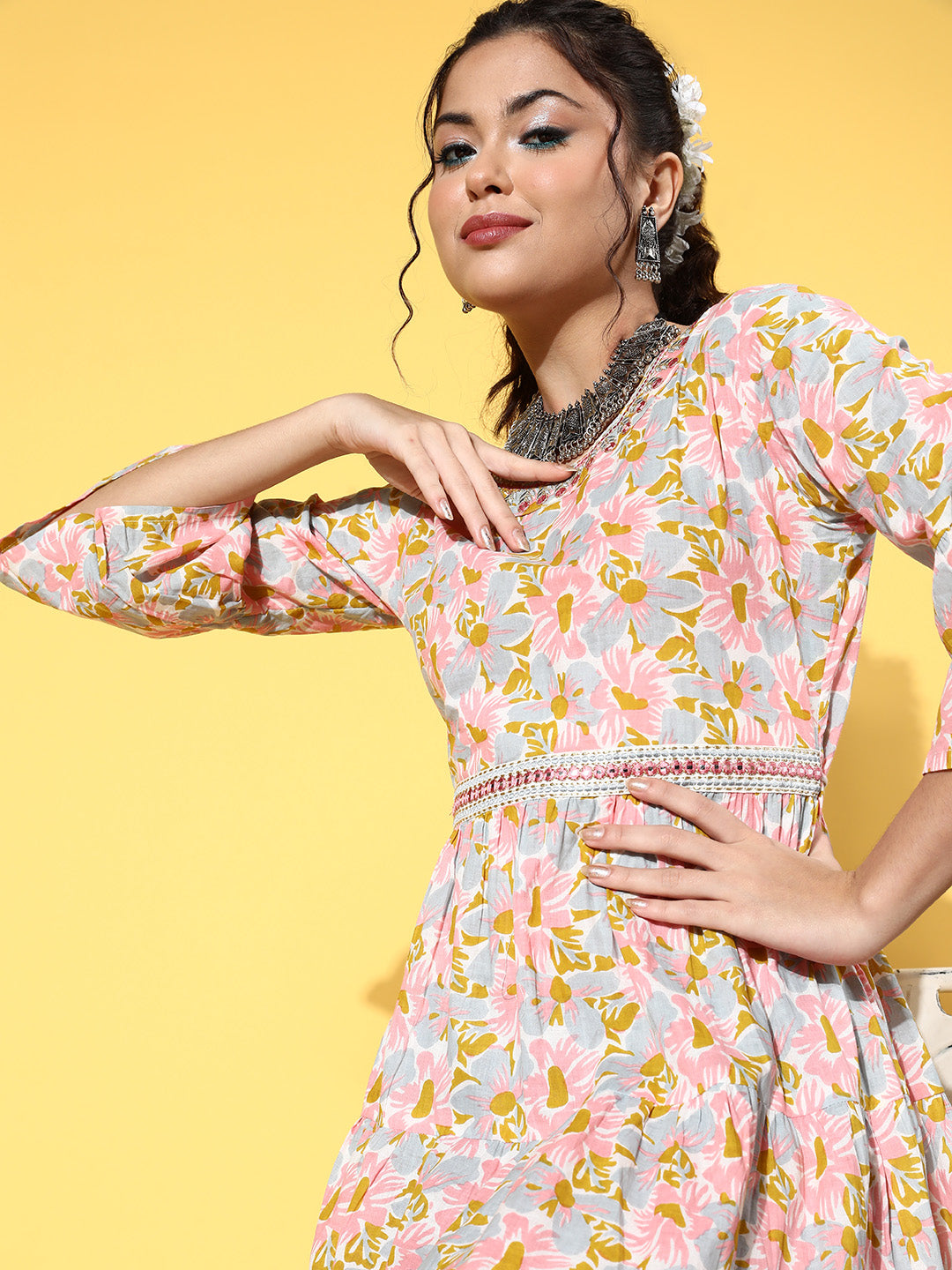 Peach Floral Print Belted Dress