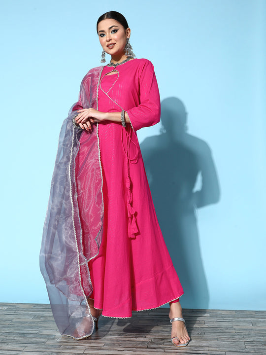 Pink Cut Out Neck Lurex Kurta Set - Grey Organza Gota Dupatta
