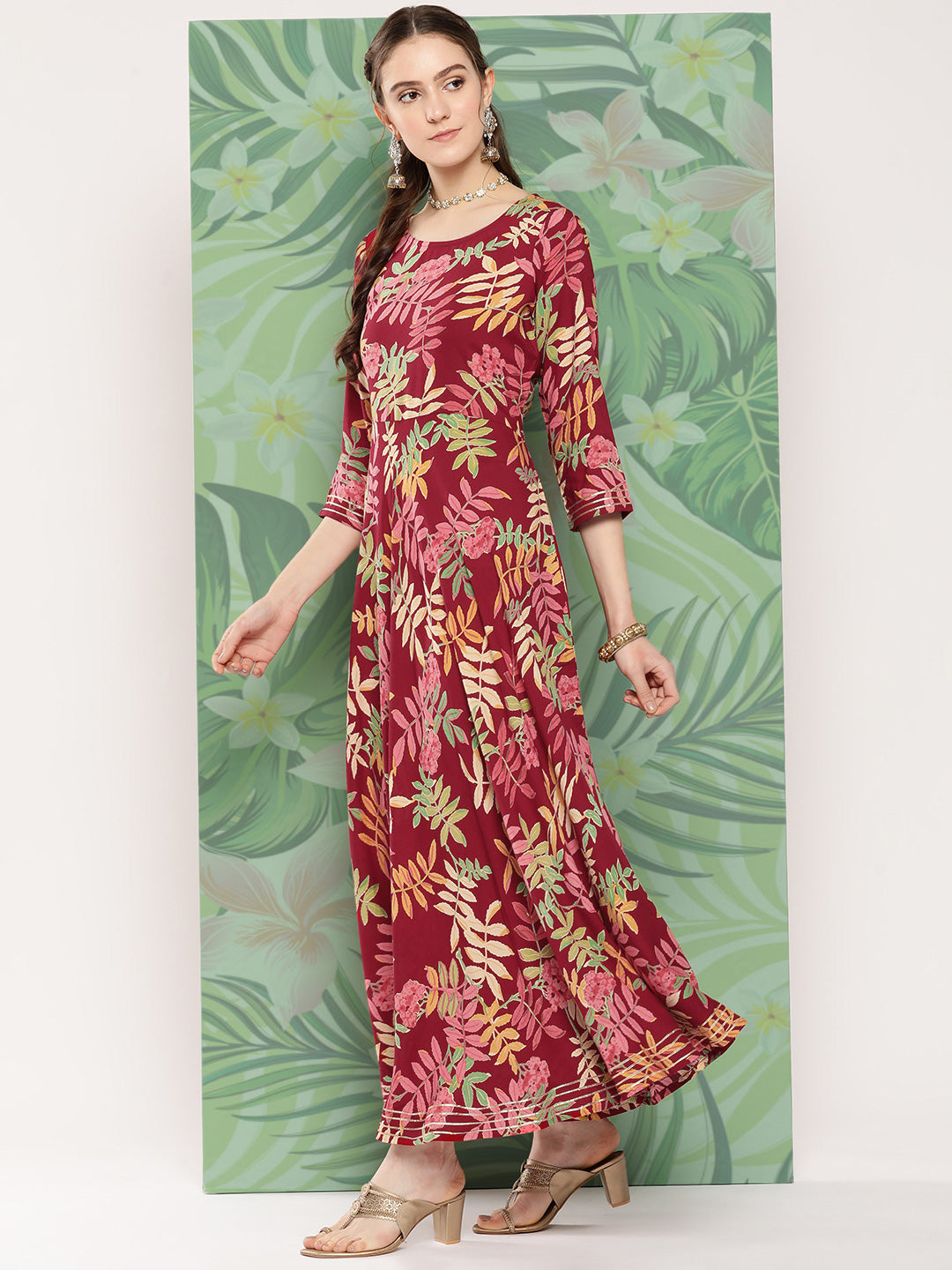 Red Tropical Print Gota Long Dress
