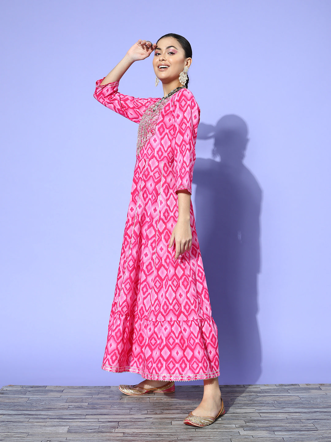 Abstract Pink Print Long Dress With Work