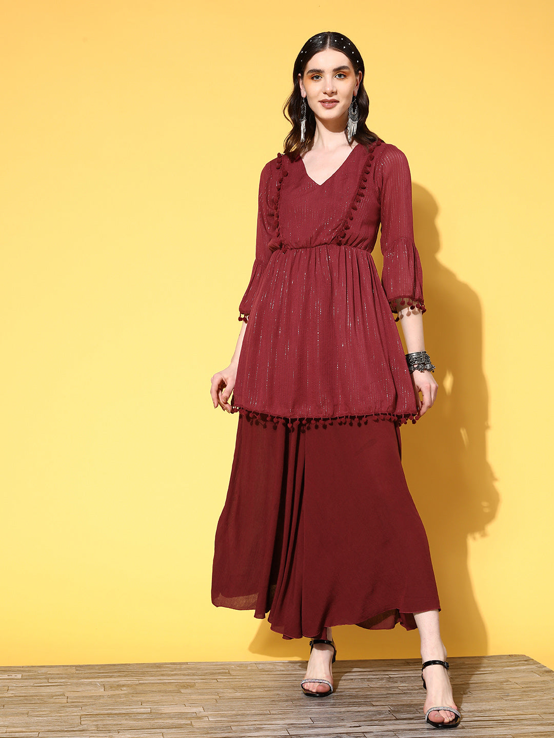 Maroon Lurex Lace Dress Palazzo Co-Ord Set