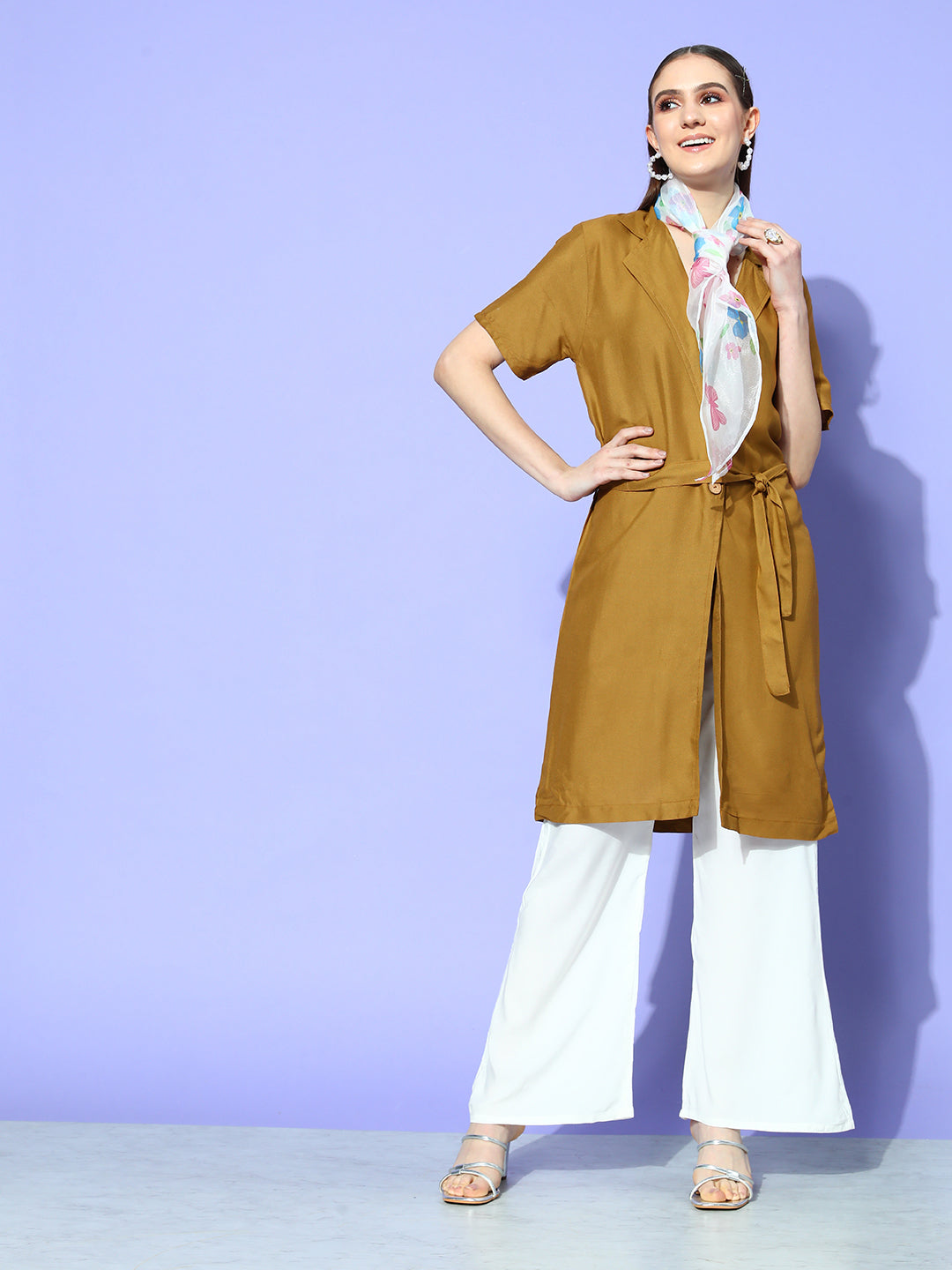 CAMEL BROWN CREAM PANT COORD SET WITH WHITE BUTTERFLY SCARF