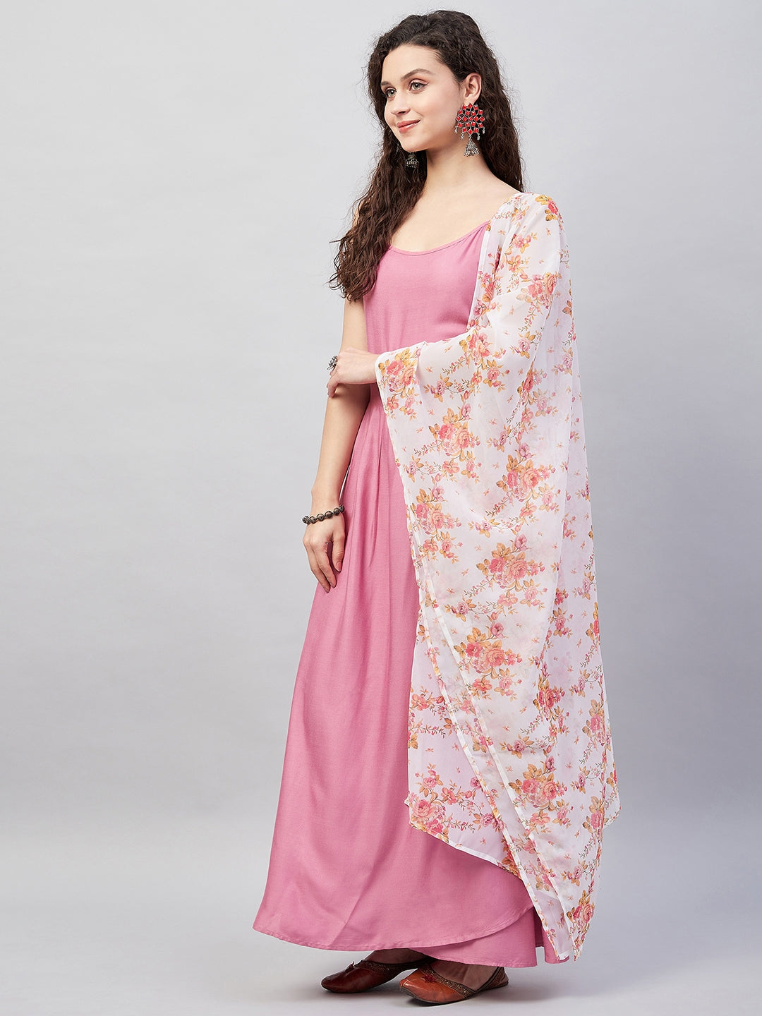 Light Pink Strappy Set W Cream Orange Print Ge Dupatta