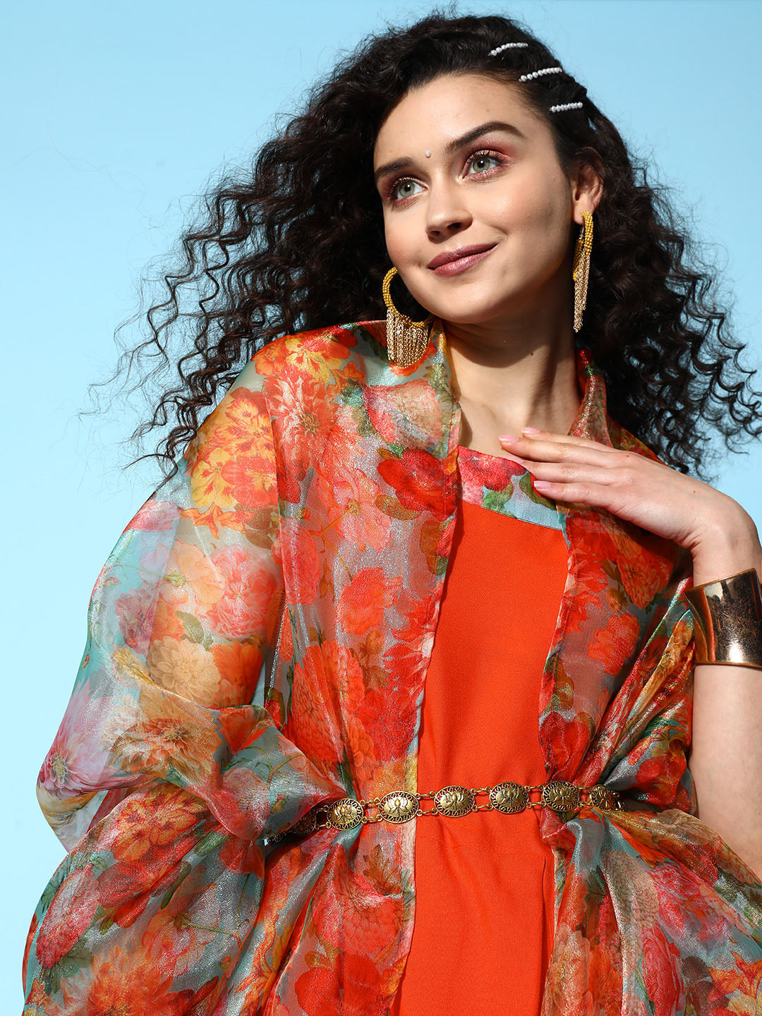 Orange Strappy Organza Border Kurta Set With Dupatta