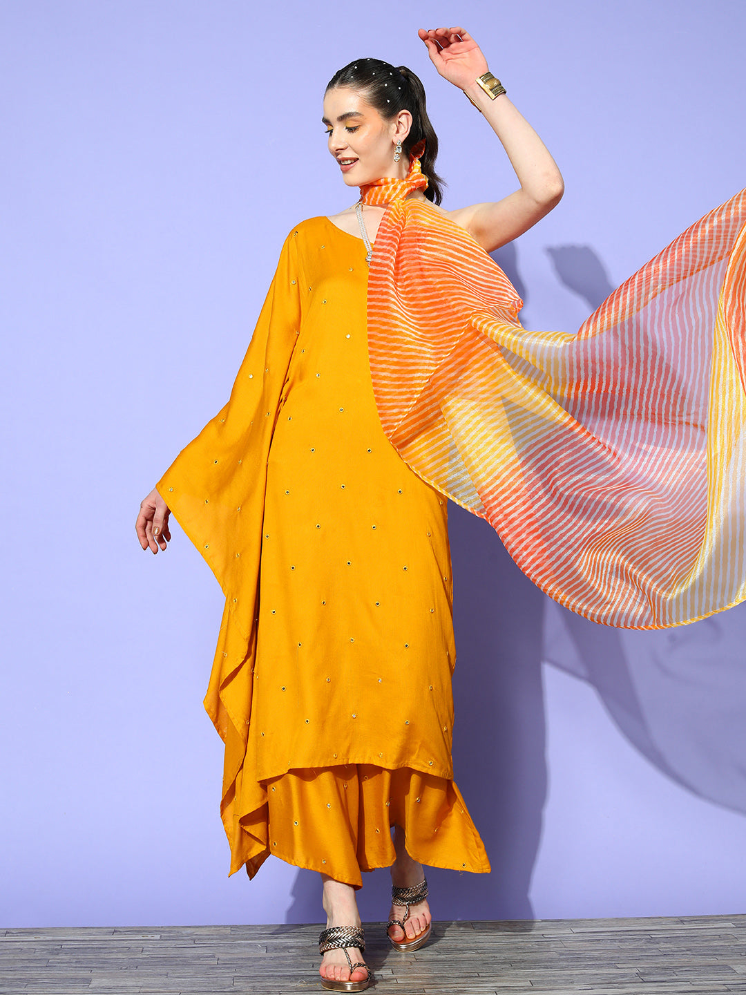 Mustard Mirror Work One Shoulder Kurta Set With Dupatta