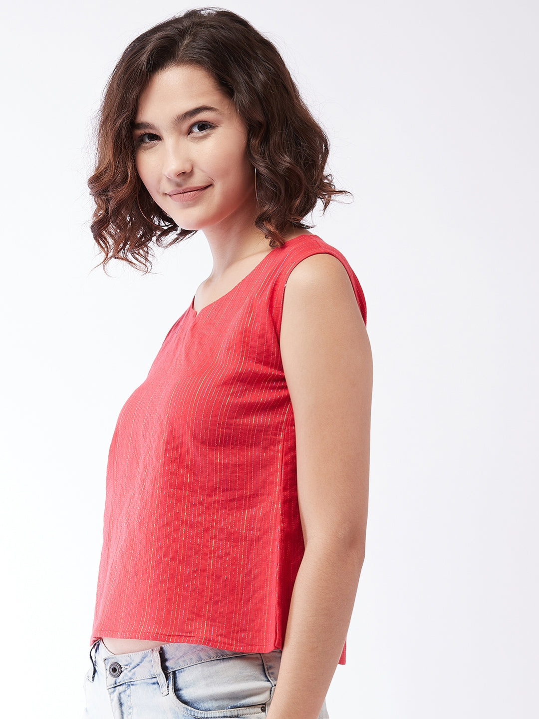 Red Kantha Sleeveless Top For Teens