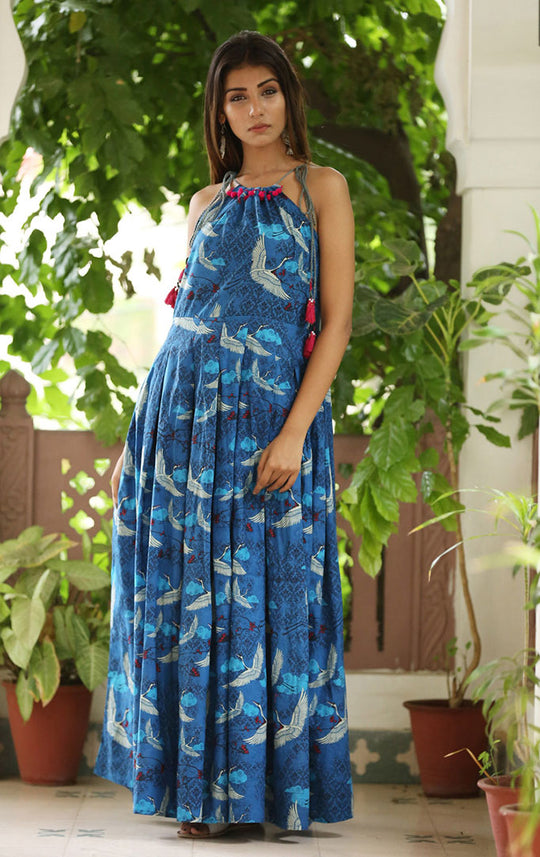 Flying Cranes Printed Flared Maxi Dress
