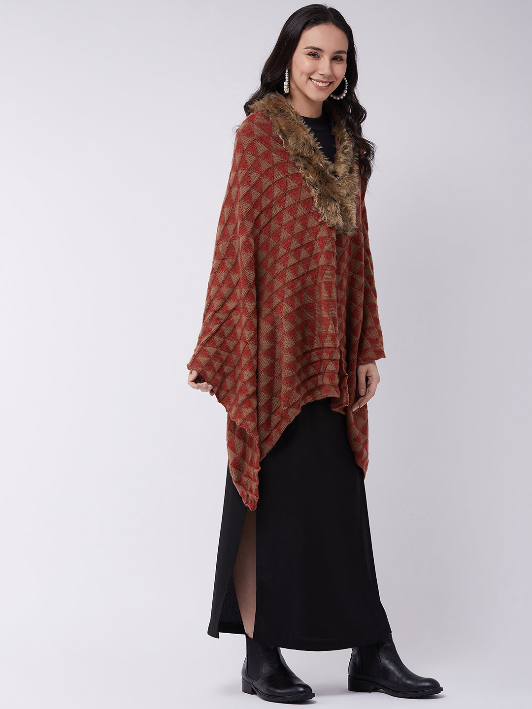 Red Geometric Faux Fur Cape