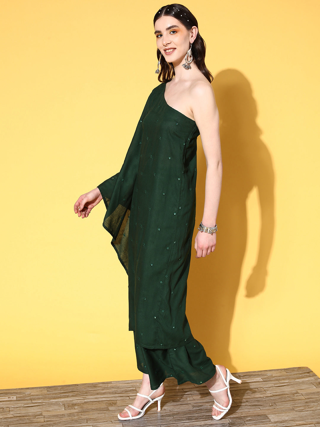 Green Mirror Work One Shoulder Kurta Set