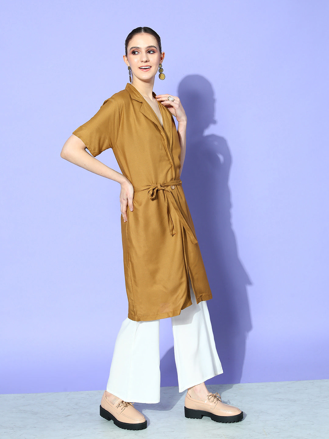 CAMEL BROWN CREAM PANT COORD SET WITH MAROON ABSTARCT SCARF