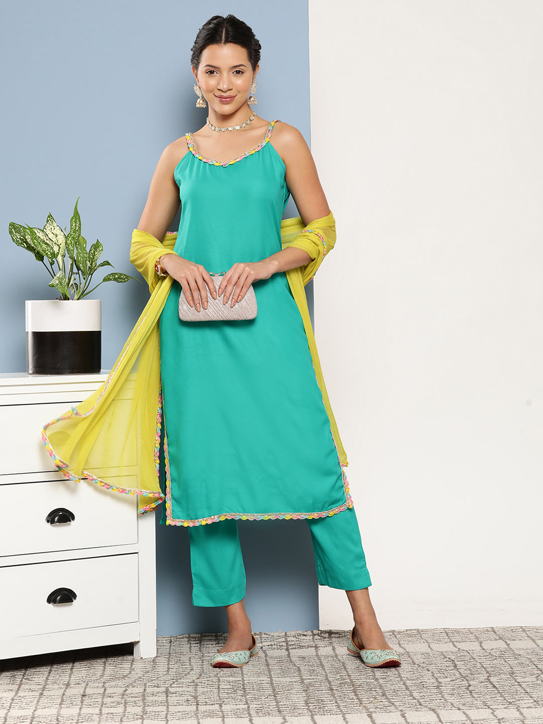 Teal Lace Work Straight Strappy Kurta Set With Lime Green Chiffon Dupatta