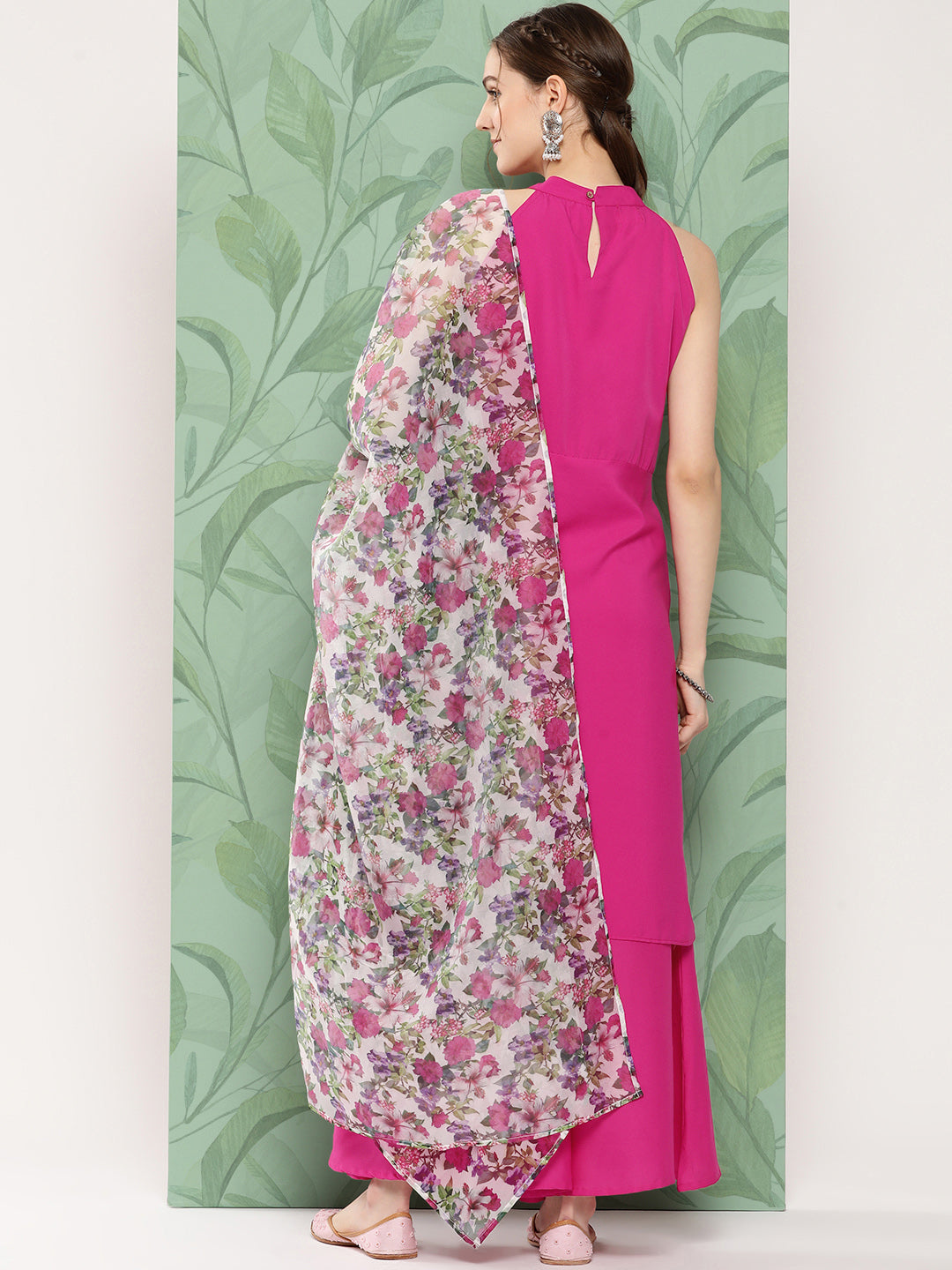 Magenta Pleated Halter Kurta Palazzo Set W White Pink Or Dupatta
