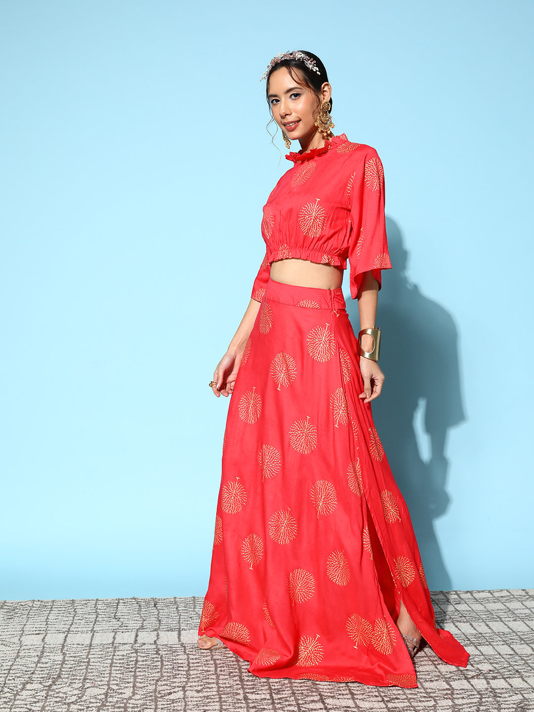Red Gold Printed Crop Top With Side Slit Skirt