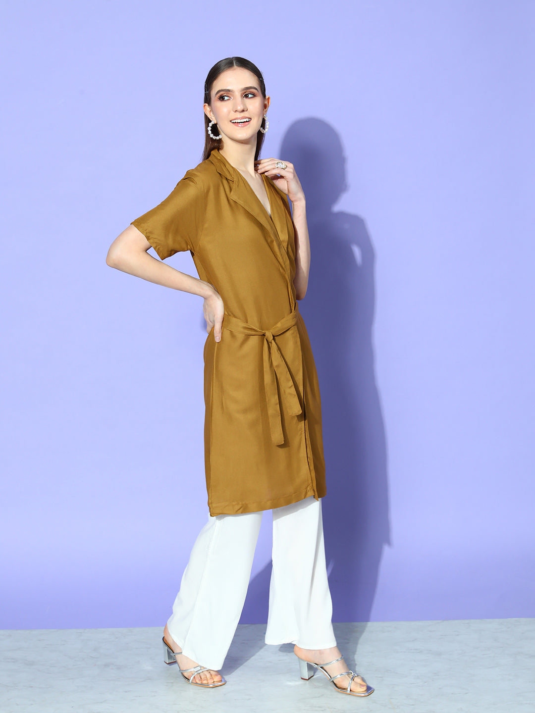 CAMEL BROWN CREAM PANT COORD SET WITH WHITE BUTTERFLY SCARF