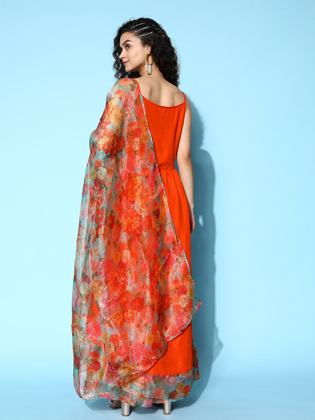 Orange Strappy Organza Border Kurta Set With Dupatta