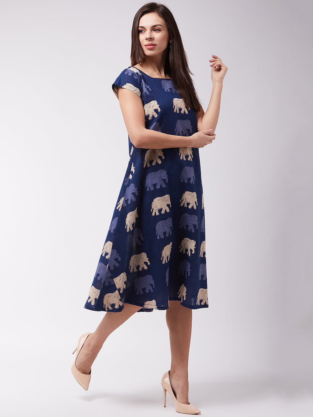 Blue Elephant Motif Midi Dress
