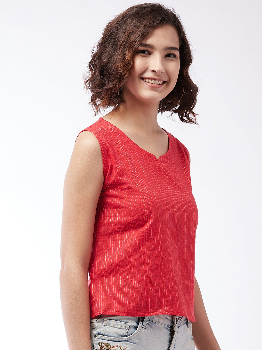 Red Kantha Sleeveless Top For Teens