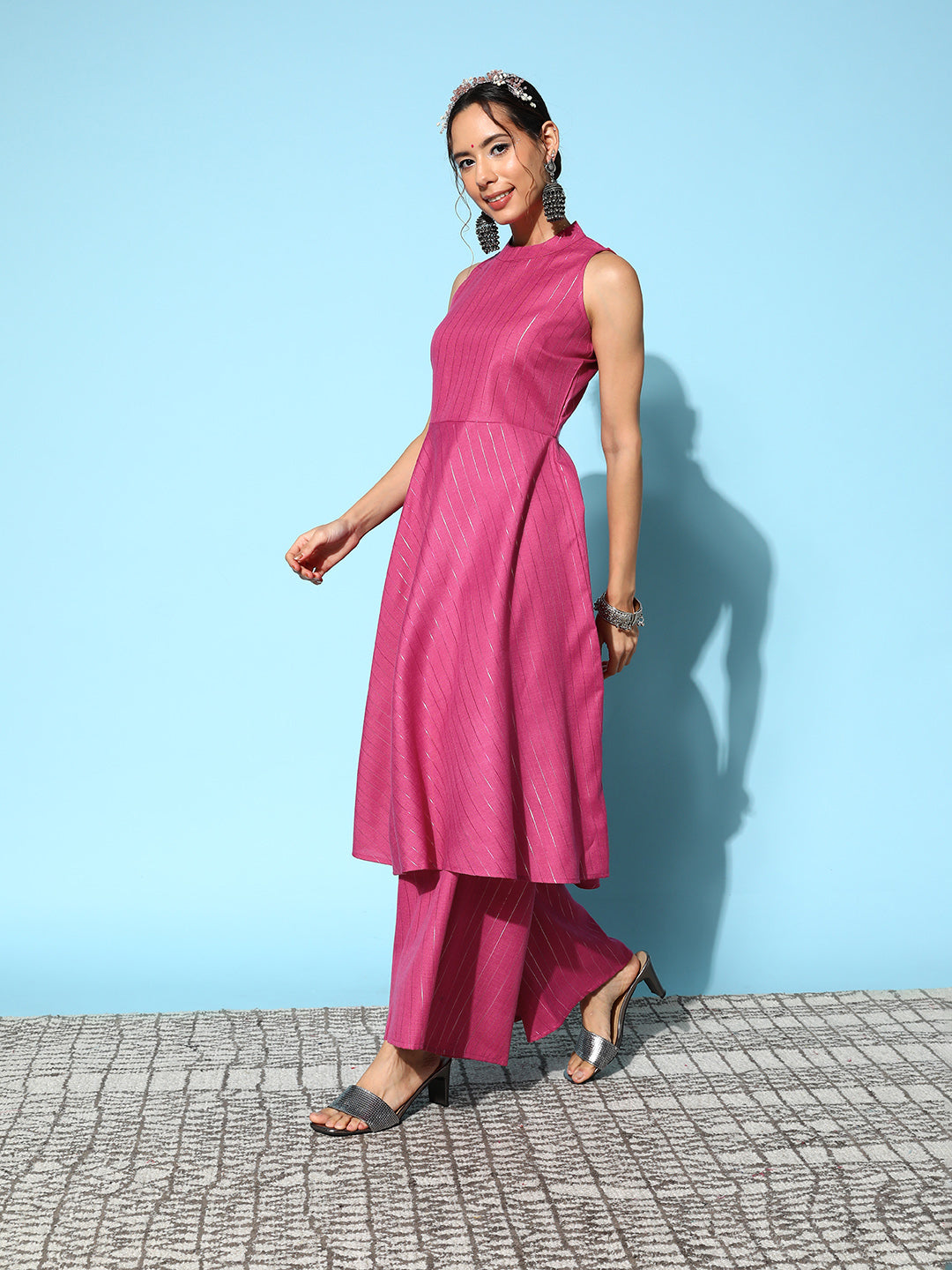 Pink Lurex Boho Sleevless Kurta Set