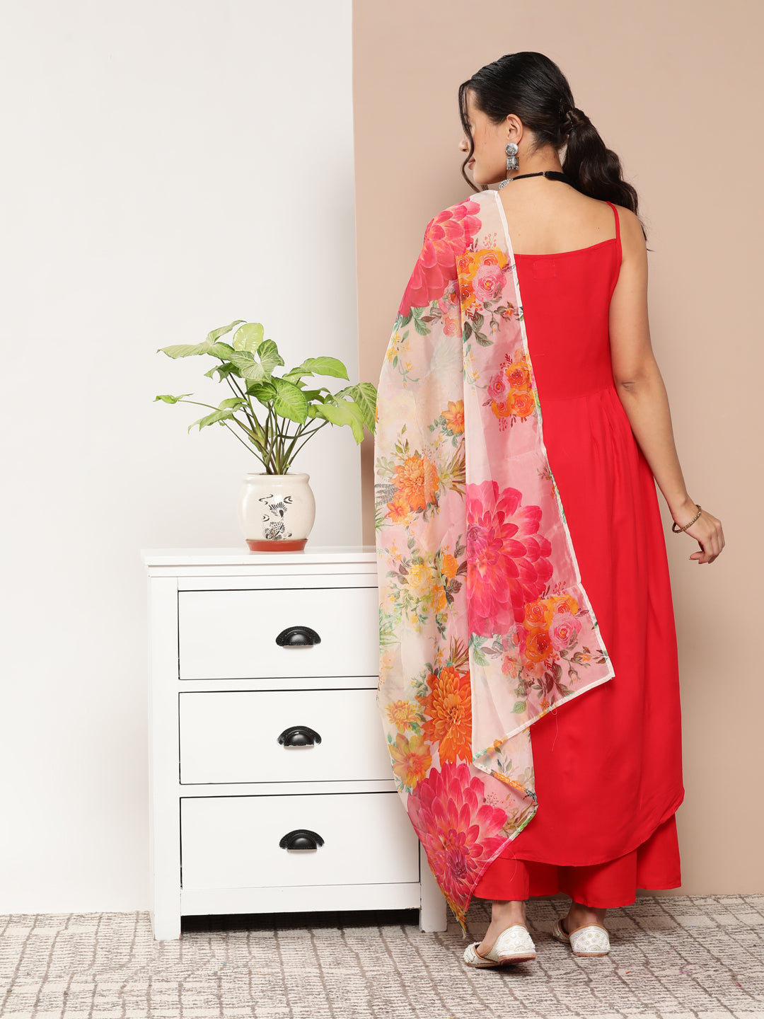 Red Strppy Set With Red Big Floral Print Dupatta