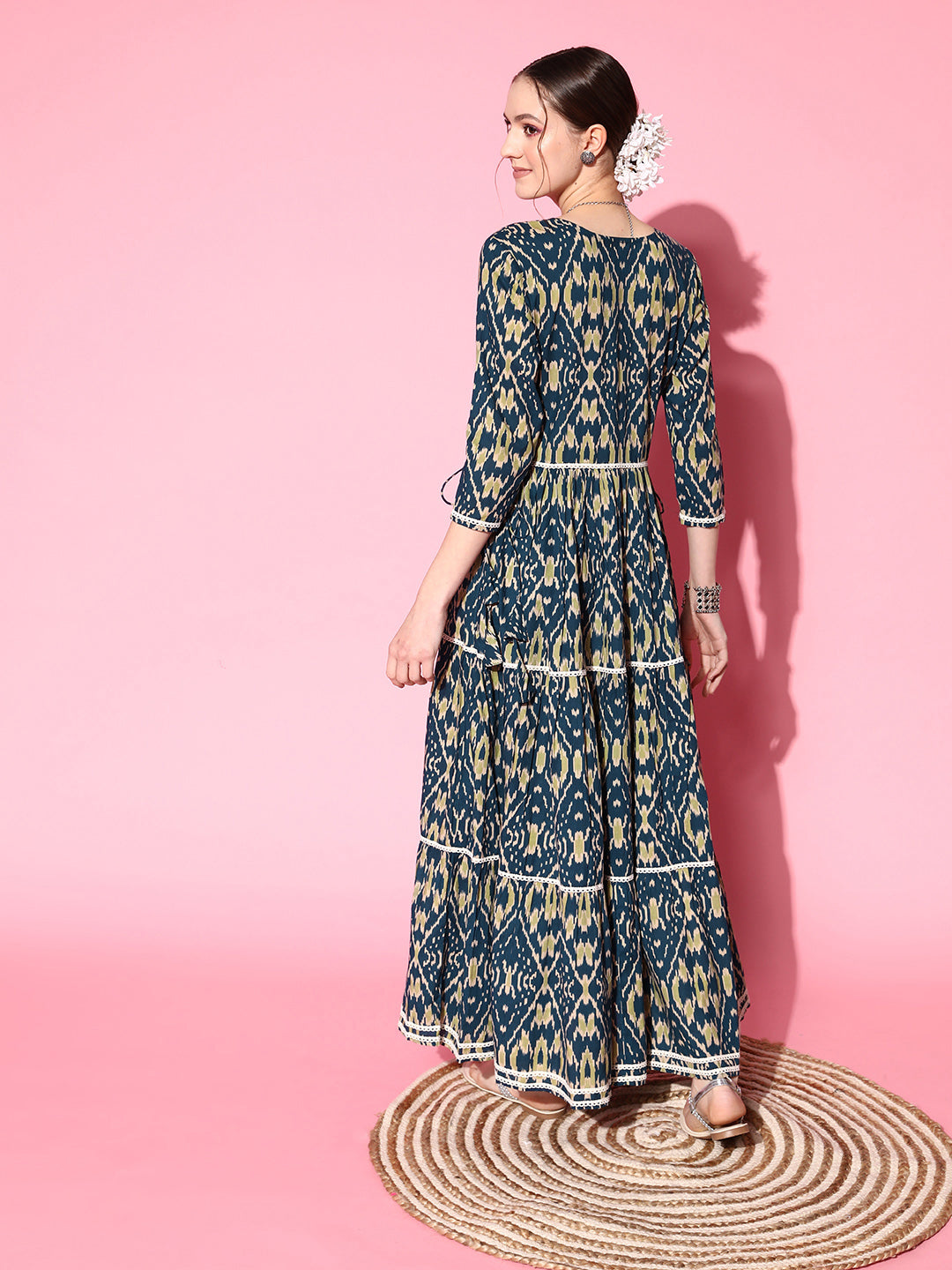 BLUE IKKAT PRINT TIERED DRESS WITH LACE
