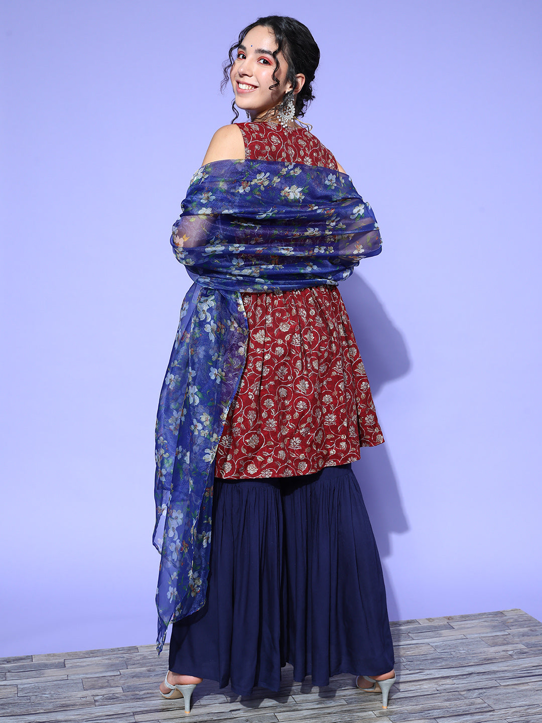 Burgundy Printed Kurta Sharara Set With Blue Organza Dupatta