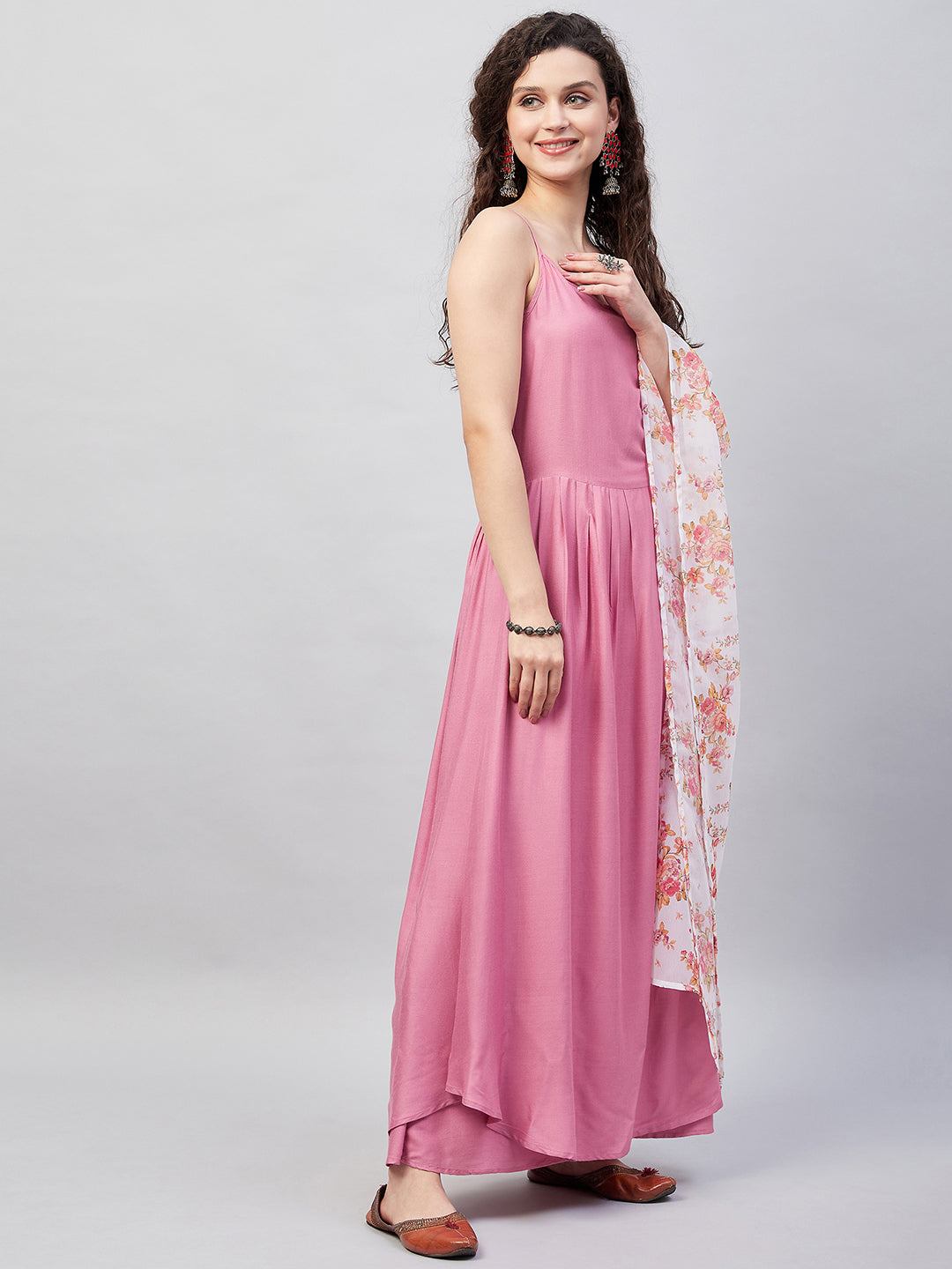 Light Pink Strappy Set W Cream Orange Print Ge Dupatta