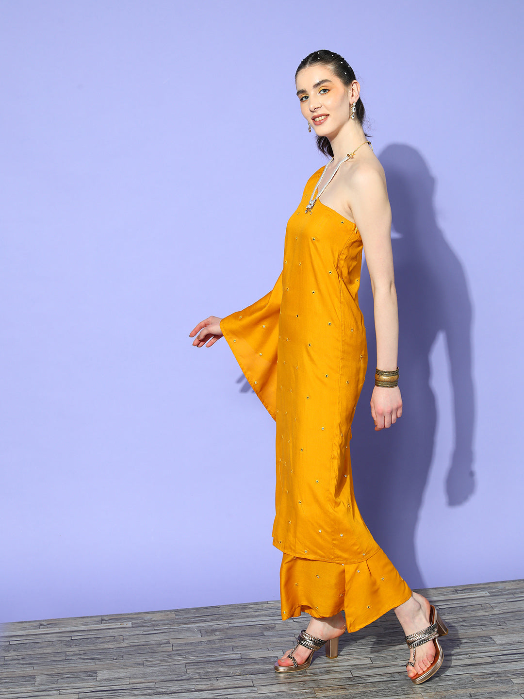 Mustard Mirror Work One Shoulder Kurta Set With Dupatta