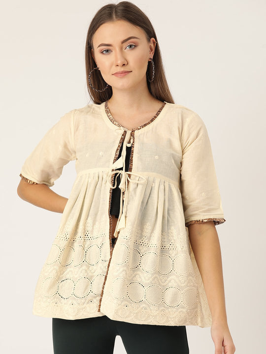 Off White Shrug In Chikan With Gota Work