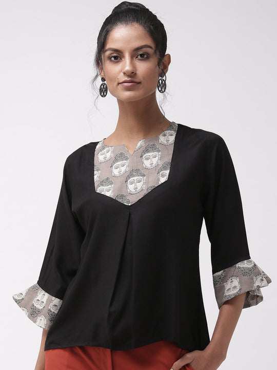 Budha Print Top - Black