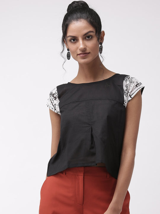 Black Top With Printed Sleeve