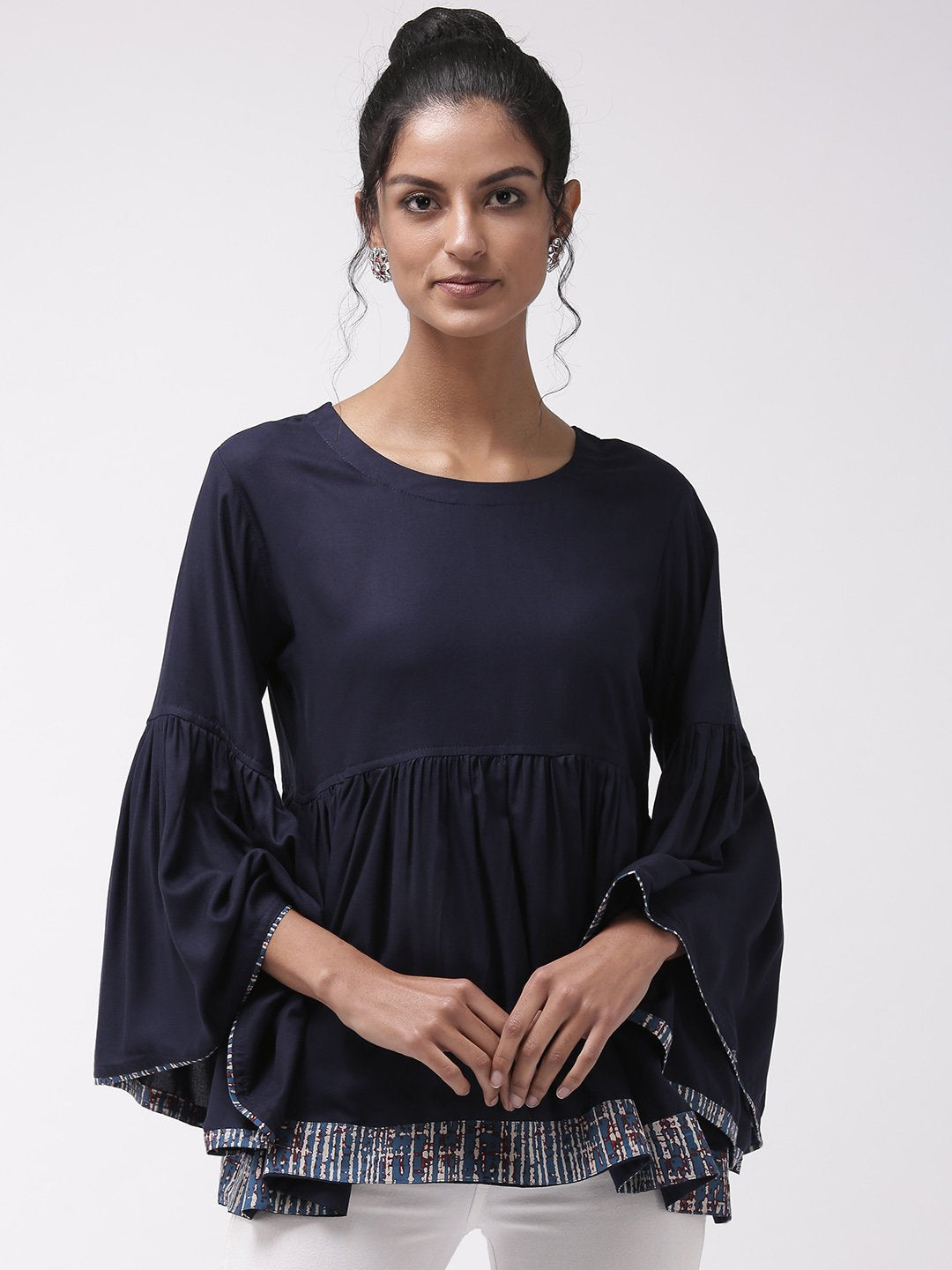 Navy Blue Bell Sleeves Top With Border