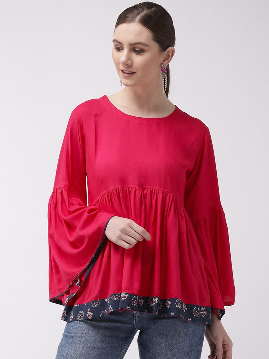 Pink Bell Sleeves Top With Border