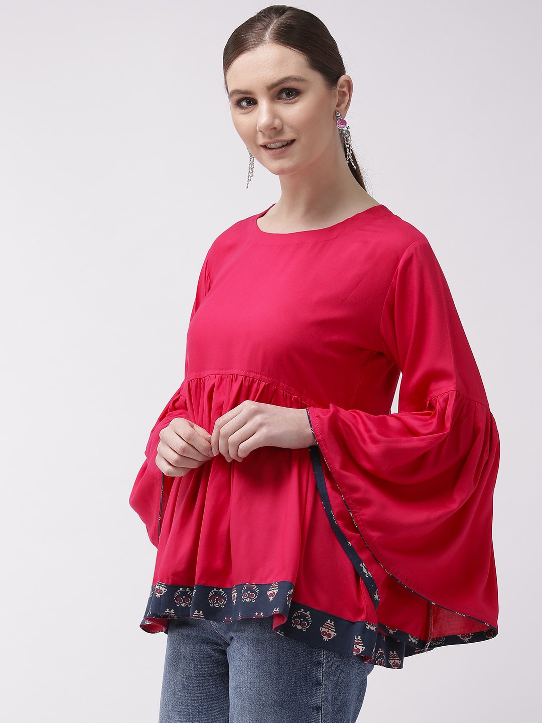 Pink Bell Sleeves Top With Border