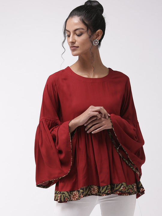 Maroon Bell Sleeves Top With Border