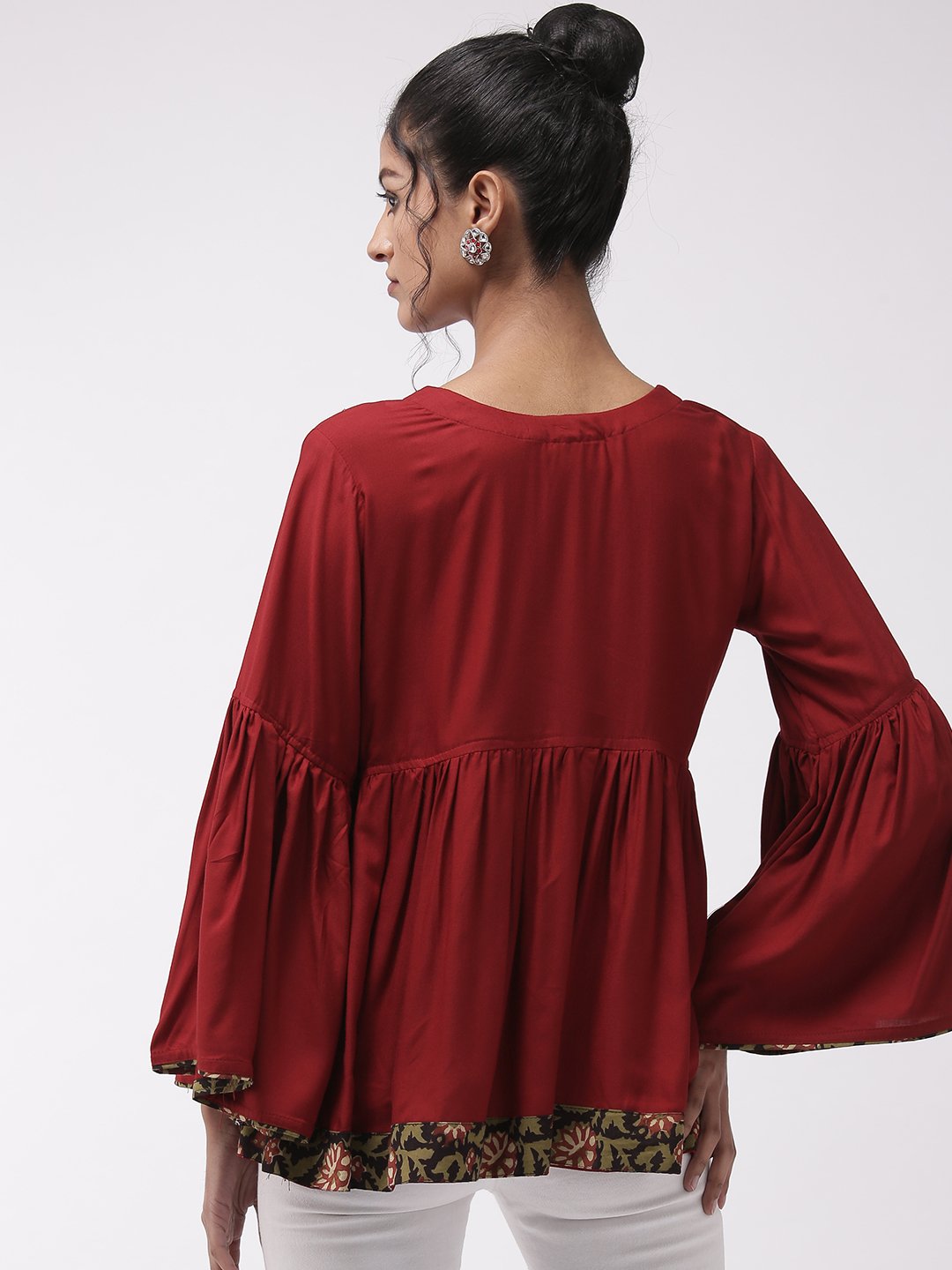 Maroon Bell Sleeves Top With Border