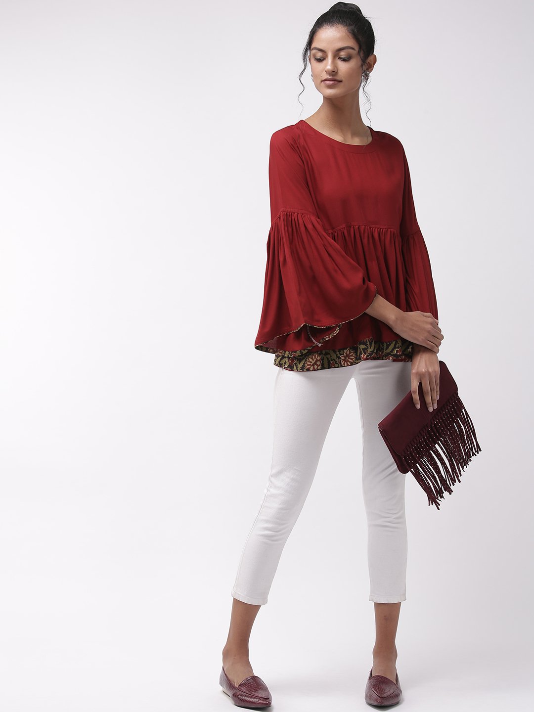 Maroon Bell Sleeves Top With Border