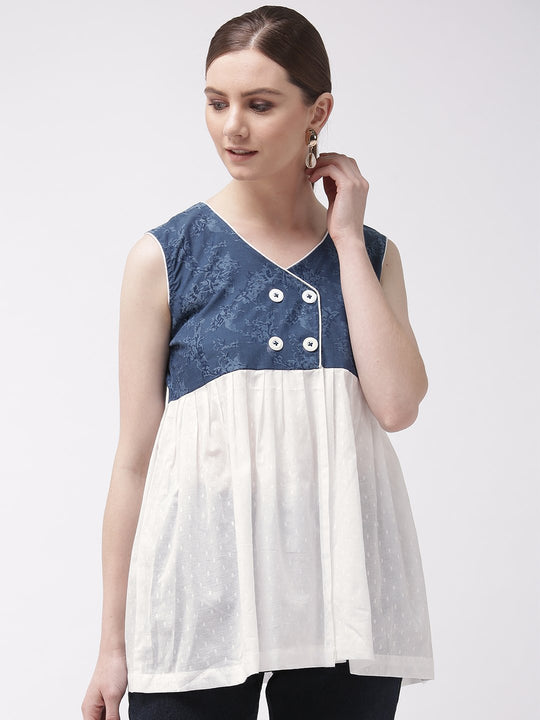 Denim Blue & White Top With Buttons