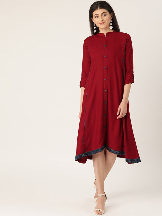 Maroon Solid A Line Dress