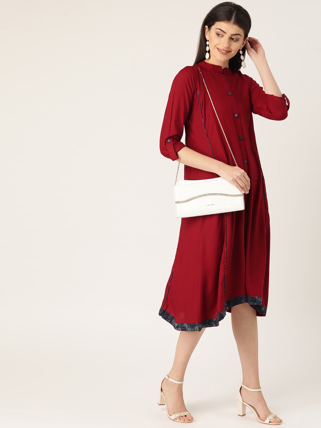 Maroon Solid A Line Dress