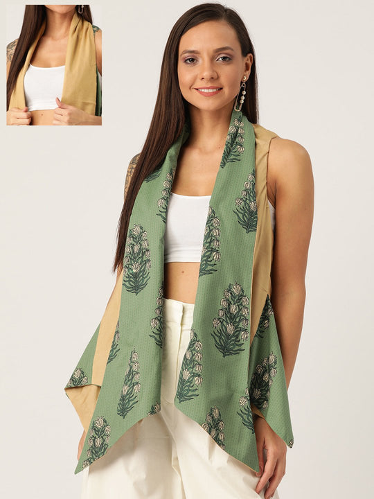 REVERSIBLE SHRUG IN GREEN & BEIGE FLORAL PRINT