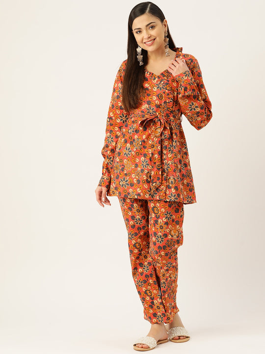 Rust Kalamkari Print Coord Set With Belt