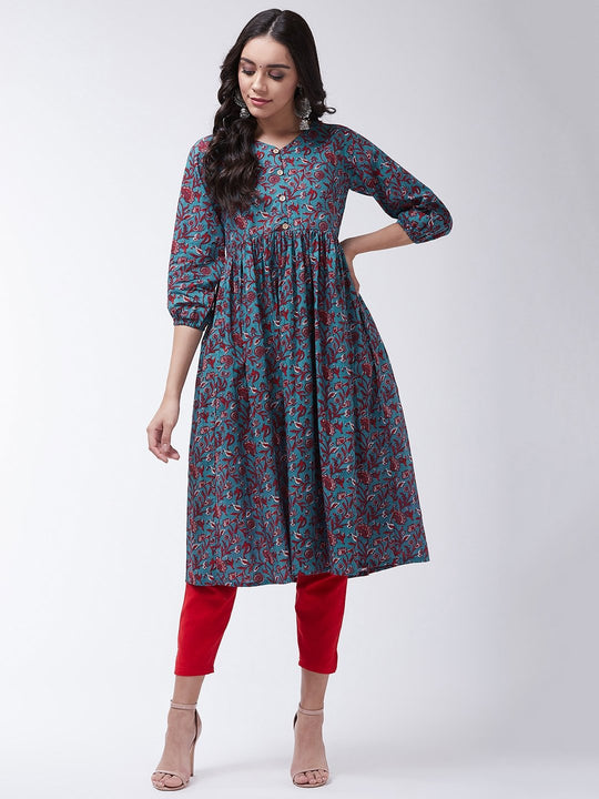 Green - Maroon Boota Kalamakri Print Kurta