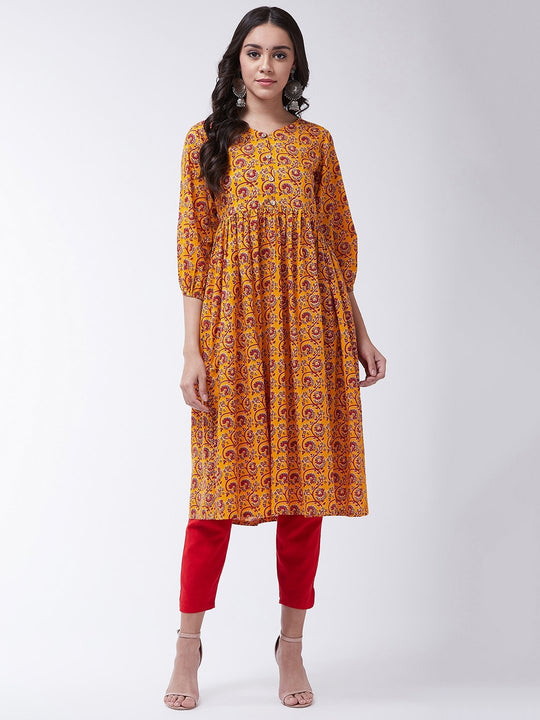 Mustard - Maroon Boota Kalamkari Print Kurta
