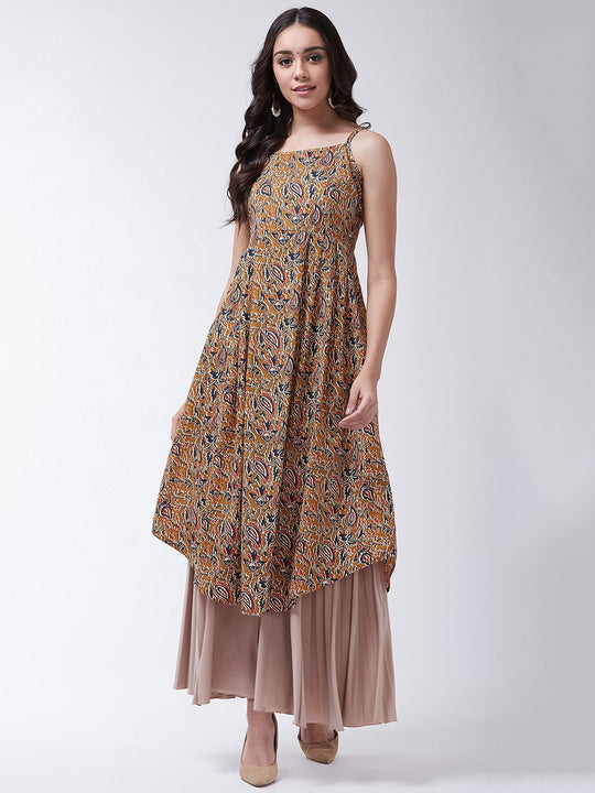 Mustard Kalamkari Jaal Print Strappy Kurta