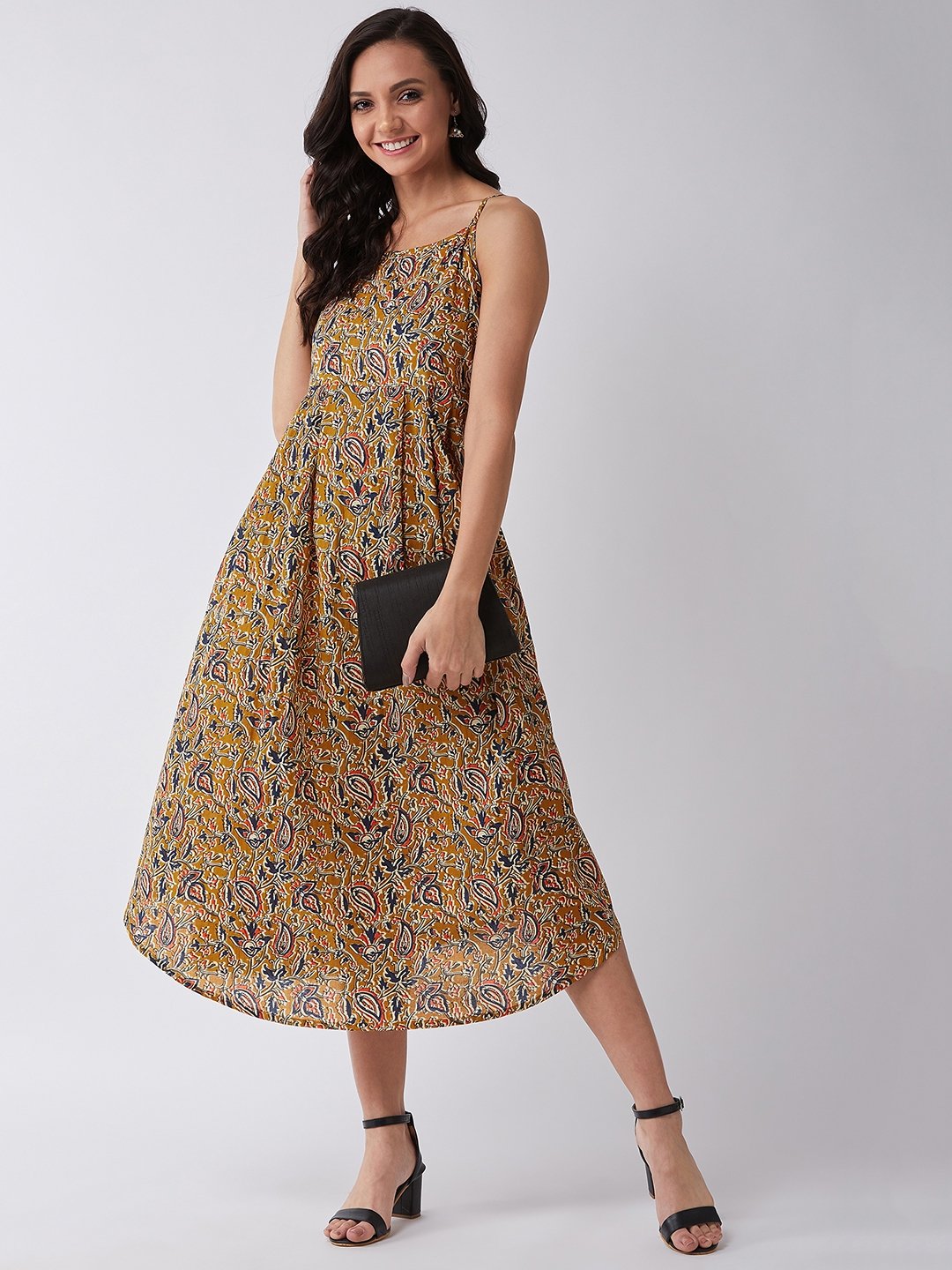 Mustard Kalamkari Jaal Print Strappy Dress