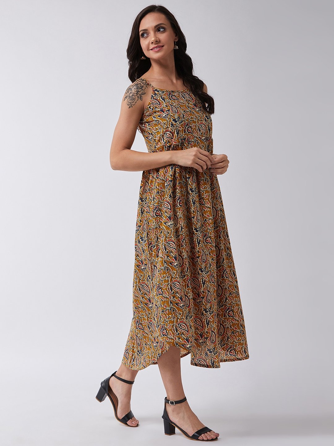 Mustard Kalamkari Jaal Print Strappy Dress