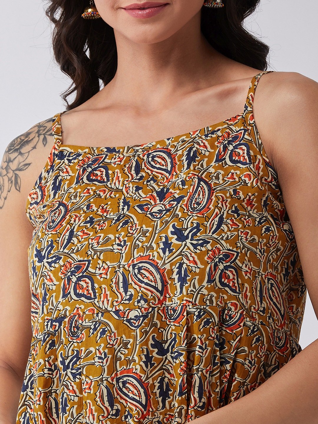 Mustard Kalamkari Jaal Print Strappy Dress