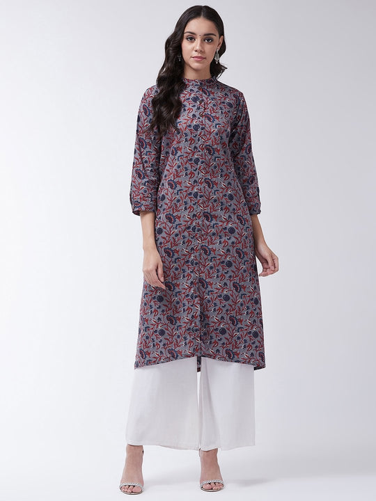 Grey Maroon Kalamkari Boota Print Kurta