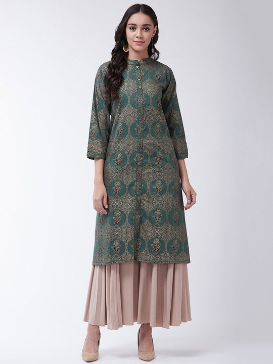Bottle Green Gold Print Kurta