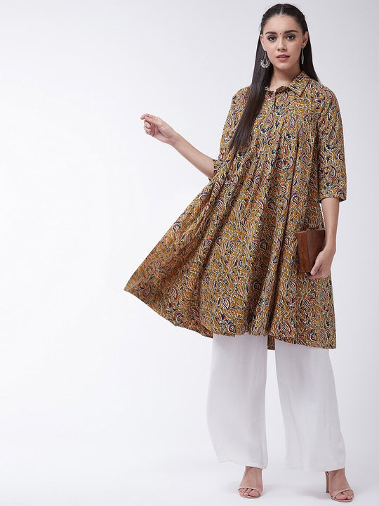 Mustard Kalamkari Jaal Print Flared  Kurta